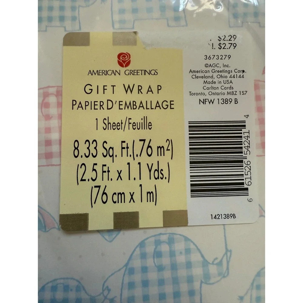 4pk Vintage American Greetings Elephant‎ Gift Wrap Pink Blue Gingham Baby Shower